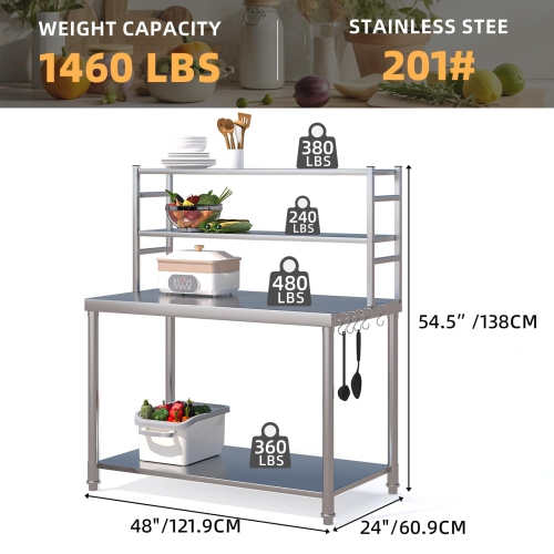 AECOJOY 48"x24" Stainless Steel Prep Table, Prep Table with 2 Adjustable Shelves, Heavy Duty Commercial Kitchen Work Table