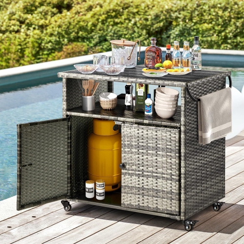 AECOJOY Outdoor Kitchen Islands & Carts, Patio Bar Table with Rounded Handle, Rolling Wicker Storage Cabinet for Backyard