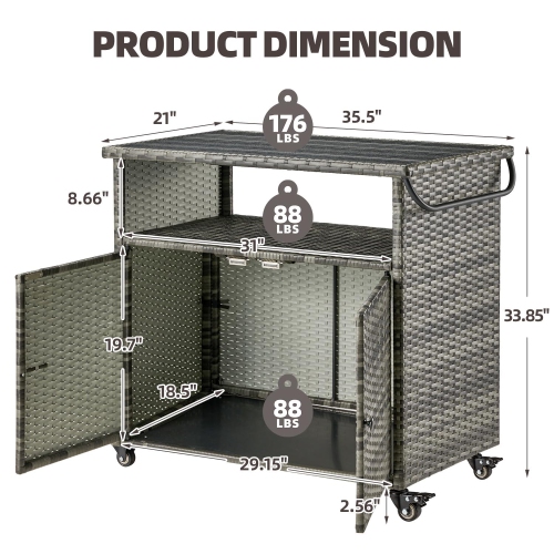 AECOJOY Outdoor Kitchen Islands & Carts, Patio Bar Table with Rounded Handle, Rolling Wicker Storage Cabinet for Backyard
