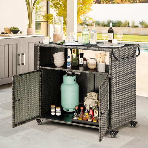AECOJOY Outdoor Kitchen Islands & Carts, Patio Bar Table with Rounded Handle, Rolling Wicker Storage Cabinet for Backyard