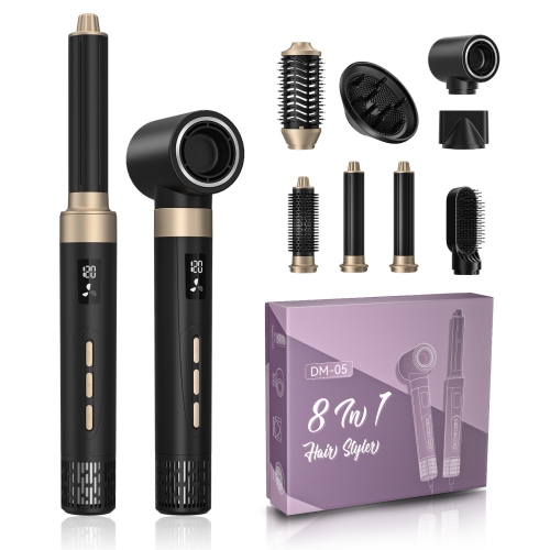 High-speed 8-in-1 hair dryer with multi-function head changer, high-power brushless hair dryer, straightening and curling iron, hot air comb - black