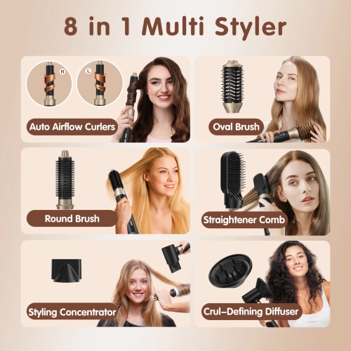 High-speed 8-in-1 hair dryer with multi-function head changer, high-power brushless hair dryer, straightening and curling iron, hot air comb - black