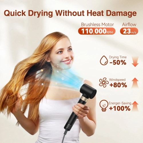 High-speed 8-in-1 hair dryer with multi-function head changer, high-power brushless hair dryer, straightening and curling iron, hot air comb - black