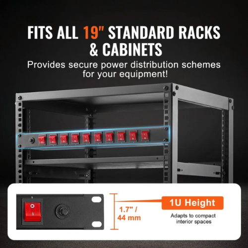 VEVOR BAYU-PJ10 19" 1U Rack Mount PDU, 10 Outlets, Surge & Overload Protection, 15A High Capacity, Metal Casing, Black