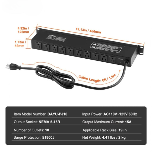 VEVOR BAYU-PJ10 19" 1U Rack Mount PDU, 10 Outlets, Surge & Overload Protection, 15A High Capacity, Metal Casing, Black