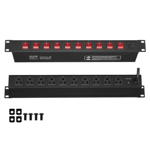 VEVOR BAYU-PJ10 19" 1U Rack Mount PDU, 10 Outlets, Surge & Overload Protection, 15A High Capacity, Metal Casing, Black