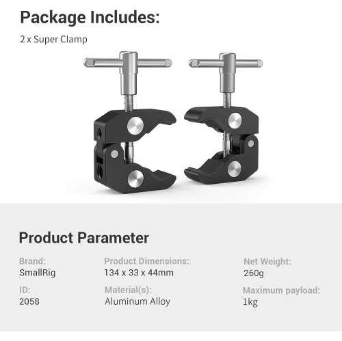 SmallRig 2 Pack Super Clamp w/1/4 and 3/8" Threads, Camera Clamps Clip Mount Crab Clamp for DSLR Cameras, Lights, Umbrellas, Hooks, Shelves, Rods,