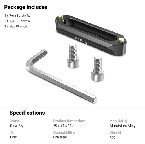 SmallRig Quick Release Safety NATO Rail 70mm Long with Spring Loaded Pins for RED Epic/Scarlet, for Black Magic Camera, NATO Rail Rigs - 1195B