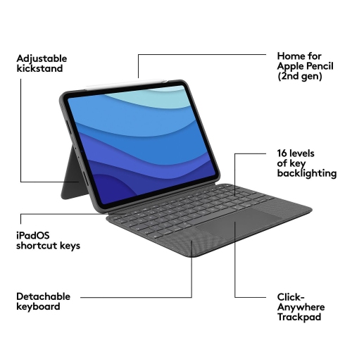 Logitech Combo Touch iPad Pro 11-inch Keyboard Case - Detachable Backlit Keyboard - Oxford Grey (920-010095)