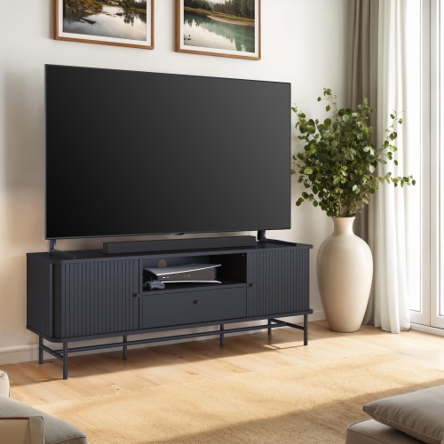 CorLiving Hikari Black Engineered Wood TV Stand for Most TVs up to 75" with Fluted Sliding Doors, Drawer, and Shelf