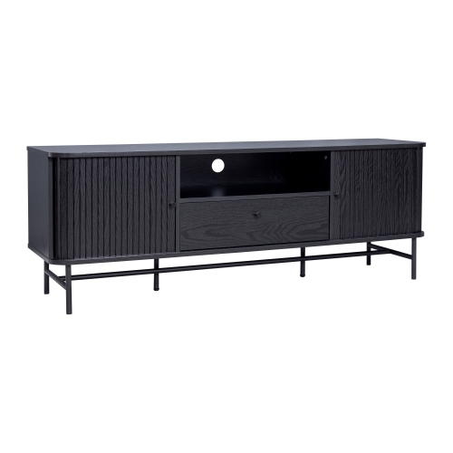 CorLiving Hikari Black Engineered Wood TV Stand for Most TVs up to 75" with Fluted Sliding Doors, Drawer, and Shelf
