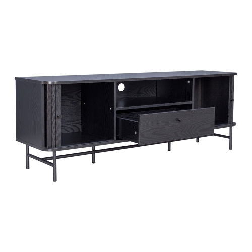 CorLiving Hikari Black Engineered Wood TV Stand for Most TVs up to 75" with Fluted Sliding Doors, Drawer, and Shelf