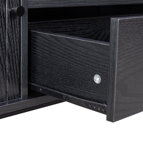 CorLiving Hikari Black Engineered Wood TV Stand for Most TVs up to 75" with Fluted Sliding Doors, Drawer, and Shelf