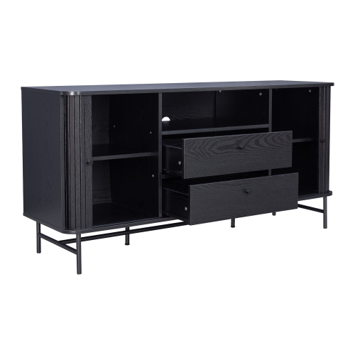 CorLiving Hikari Black Engineered Wood Sideboard with Fluted Side Sliding Doors, 2 Drawers, and a Shelf