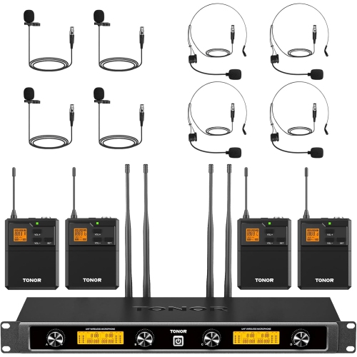 TONOR UHF Wireless Microphones System with Bodypack Transmitter, Headset/Lavalier Lapel Mics, Receiver, 4 * 10 Channels, 295ft Range for Karaoke,