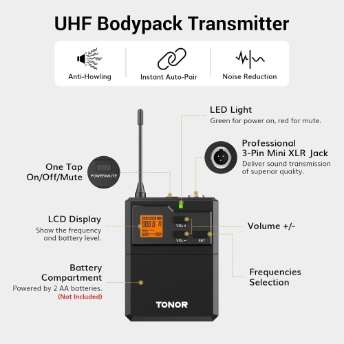 TONOR UHF Wireless Microphones System with Bodypack Transmitter, Headset/Lavalier Lapel Mics, Receiver, 4 * 10 Channels, 295ft Range for Karaoke,