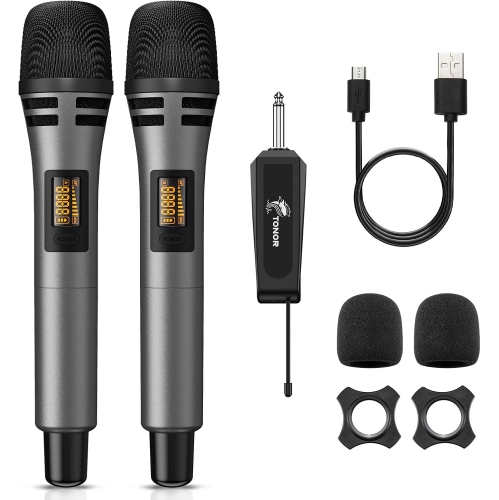 TONOR Wireless Microphones, UHF Dual Karaoke Microphone System, Microfonos Inalambricos with Rechargeable Receiver, Cordless Dynamic Mic for Singing,