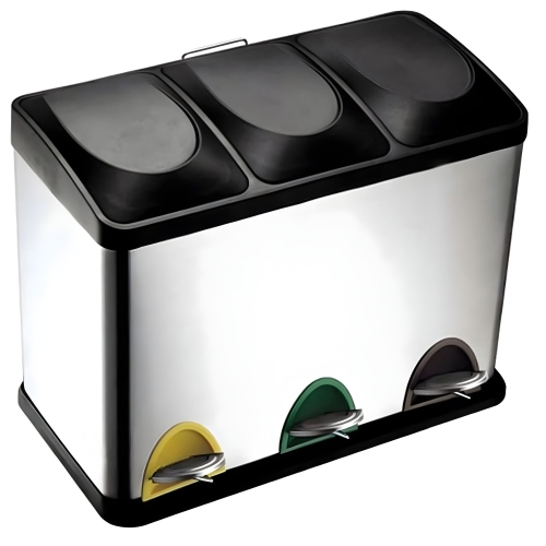 Triple Compartment Stainless Steel Recycling Bin with Foot Pedals – 45L Step-On Trash Can for Kitchen, Home, and Office Waste Separation