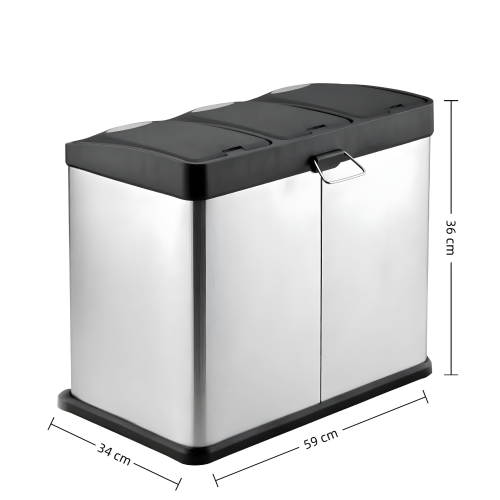 Triple Compartment Stainless Steel Recycling Bin with Foot Pedals – 45L Step-On Trash Can for Kitchen, Home, and Office Waste Separation