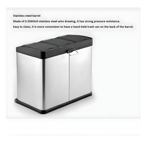 Triple Compartment Stainless Steel Recycling Bin with Foot Pedals – 45L Step-On Trash Can for Kitchen, Home, and Office Waste Separation