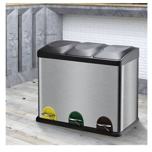 Triple Compartment Stainless Steel Recycling Bin with Foot Pedals – 45L Step-On Trash Can for Kitchen, Home, and Office Waste Separation