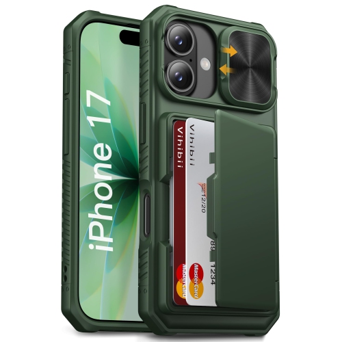 iPhone 17 Case with Card Holder RFID Blocking & Slide Camera Cover, Military Grade Drop Protection, Rugged Hard Back & Silicone Edge Wallet Phone