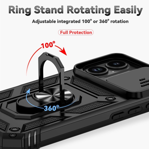 iPhone 17 Case with Slide Camera Cover with Ring Holder Kickstand Military Grade Drop Protection Shockproof Case for iPhone 17 6.3 inch Black TC
