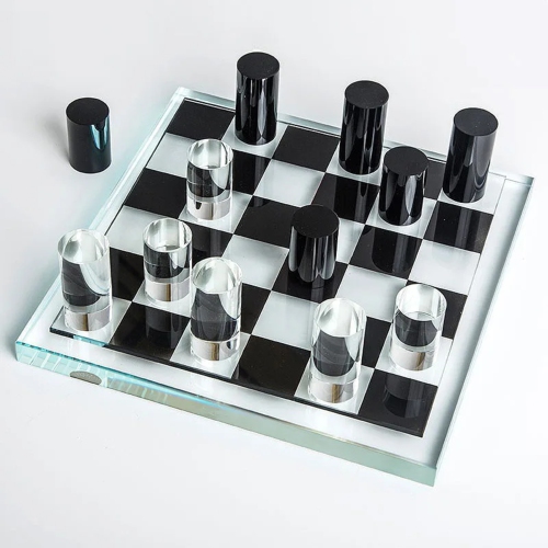 Luxury Glas Chess Set – Modern Transparent & Black Cylinder Pieces with Glass Chessboard 27 x 27 cm Gift for birthday party, holiday