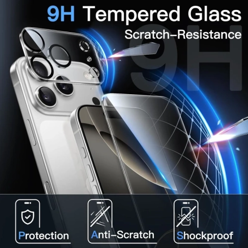 5-in-1 Clear Case for iPhone 17 Pro with 2 Pack Tempered Glass Screen Protectors & 2 Pack Camera Lens Protectors, Shockproof Non-Yellowing Bumper