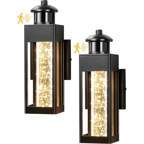 EDISHINE 2 Pack LED Outdoor Wall Lights, Front Porch Light with Motion & Photocell Sensor, Crystal Bubble Glass, 3000K, IP44 Waterproof- HOWL21B