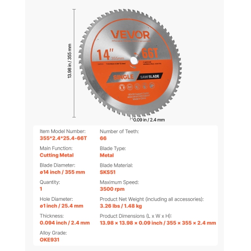 Circular Saw Blade, 14 inch Diameter, 66 Sharp Alloy Teeth, 1 inch Arbor, Fine Finish, Metal Cutting Blade