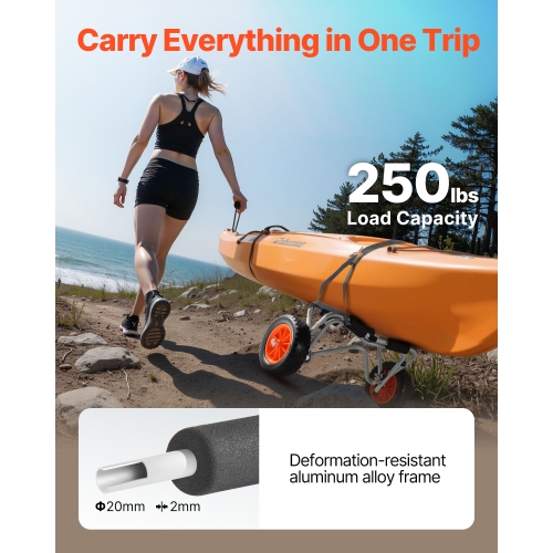 Chariot pour kayak, capacité de charge 250 lb, chariot pliable pour kayak avec pneus en caoutchouc solide de 10 po et 1 courroie à cliquet