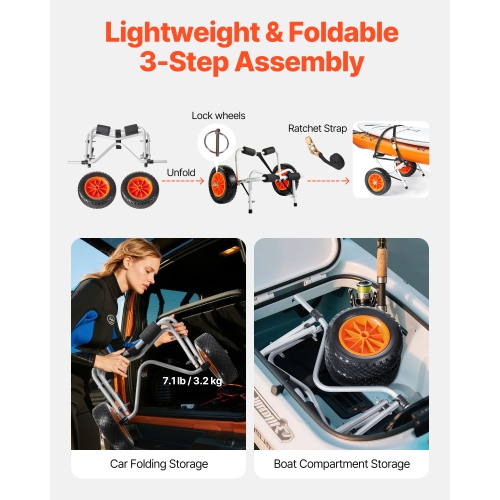 Chariot pour kayak, capacité de charge 250 lb, chariot pliable pour kayak avec pneus en caoutchouc solide de 10 po et 1 courroie à cliquet