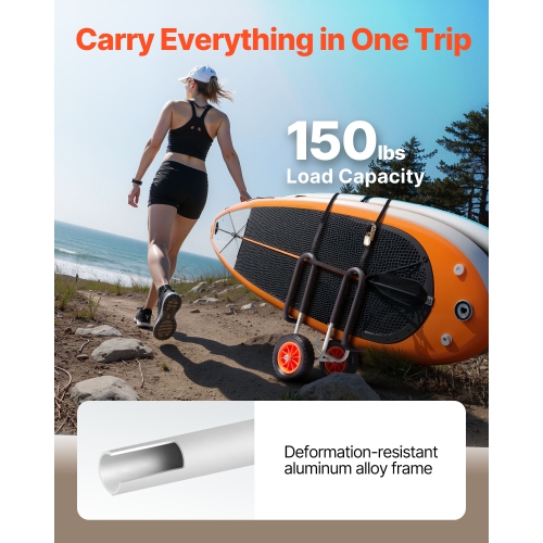 Chariot pour kayak, capacité de charge 150 lb, chariot pour planche à pagaie avec pneus et béquilles en caoutchouc massif de 10 po