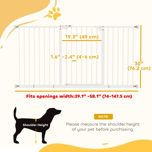 PawHut 29"-58" Wide Pet Gate with Door Dog Gate and Barrier Indoor for Stairs Includes 7", 8", 12" Extensions Kit, 30 Inch Tall Pressure-Mounted