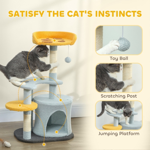 PawHut Cat Tree, 31.5 inch Cat Tower for Indoor Cats with Plush Perch, Gamepad Shaped Platform, Condo, Sisal Scratching Post and Toy Ball, Blue