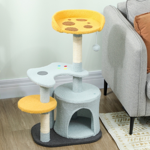PawHut Cat Tree, 31.5 inch Cat Tower for Indoor Cats with Plush Perch, Gamepad Shaped Platform, Condo, Sisal Scratching Post and Toy Ball, Blue
