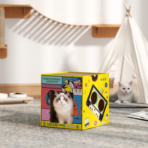 PawHut – Jeu de grattoir pour chats, maison pour chats en carton avec plateau à gratter et herbe à chat, salon 2-en-1 pour chatons à gratter la