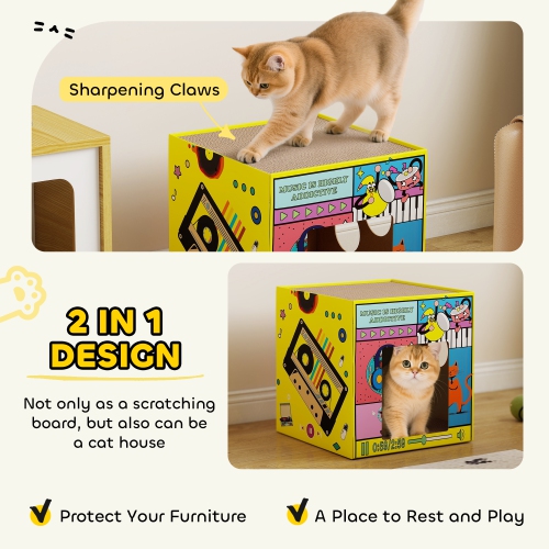 PawHut – Jeu de grattoir pour chats, maison pour chats en carton avec plateau à gratter et herbe à chat, salon 2-en-1 pour chatons à gratter la