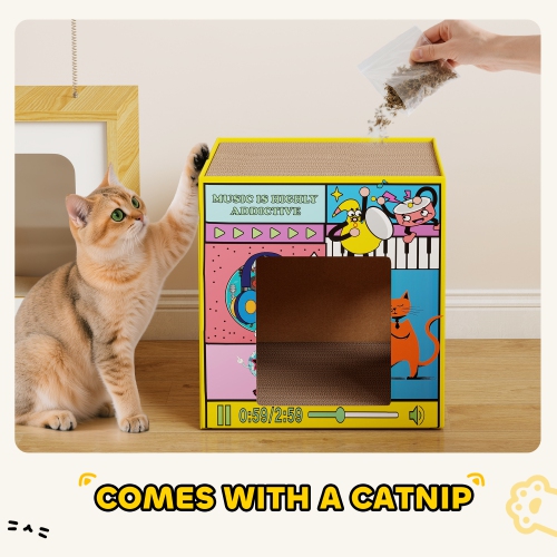 PawHut – Jeu de grattoir pour chats, maison pour chats en carton avec plateau à gratter et herbe à chat, salon 2-en-1 pour chatons à gratter la