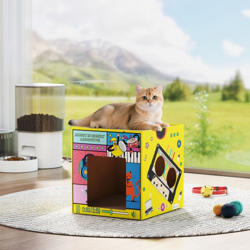 PawHut – Jeu de grattoir pour chats, maison pour chats en carton avec plateau à gratter et herbe à chat, salon 2-en-1 pour chatons à gratter la