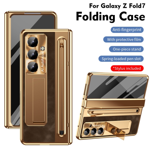 For Samsung Z Fold 7 cases, pen slot cases, screen protectors, and all-in-one drop-proof cases - Brown Electroplated Edges