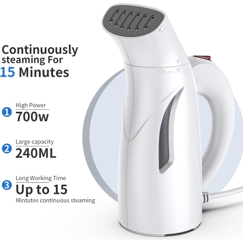 Portable Handheld Garment Steamer with 700W High-Power Steam and 240ml Capacity for 15 Minutes of Continuous Ironing and 9.2-Foot Cord for Multiple
