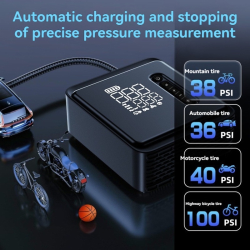 Multifunctional electric air pump with intelligent digital tire pressure display for cars, motorcycles, sports cars, etc. Dual power supply + LED