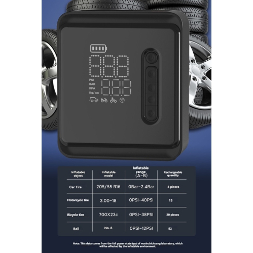 Multifunctional electric air pump with intelligent digital tire pressure display for cars, motorcycles, sports cars, etc. Dual power supply + LED