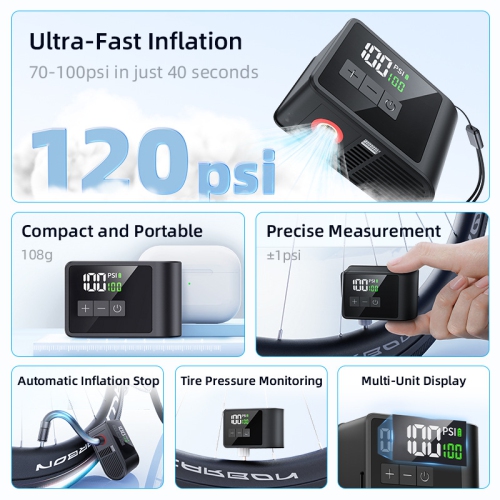 Mini pompe pour vélo avec 120&nbsp;lb/po² haute pression, gonflage ultra-rapide, surveillance numérique de la pression des pneus, chargement USB-C,