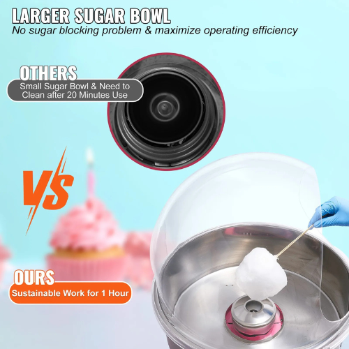 VEVOR MHTJJPZY01 Electric Cotton Candy Machine, 1000W Candy Floss Maker with Stainless Steel Bowl, Sugar Scoop & Cover, Pink