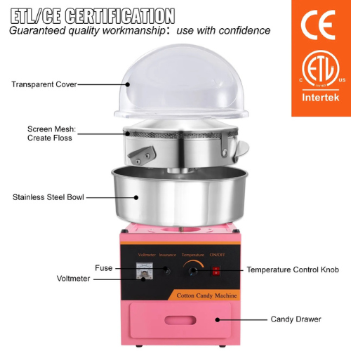VEVOR MHTJJPZY01 Electric Cotton Candy Machine, 1000W Candy Floss Maker with Stainless Steel Bowl, Sugar Scoop & Cover, Pink