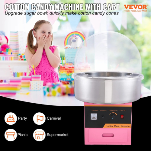 VEVOR MHTJJPZY01 Electric Cotton Candy Machine, 1000W Candy Floss Maker with Stainless Steel Bowl, Sugar Scoop & Cover, Pink
