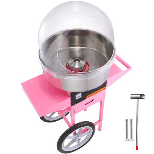 VEVOR MHTJJPHC01 Electric Cotton Candy Machine Cart with Bubble Cover Shield, 1000W Commercial Floss Maker, Pink